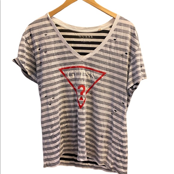 Guess Tops - ⭐️ Guess Graphic Striped Destroyed T-Shirt 80s 90s Grunge